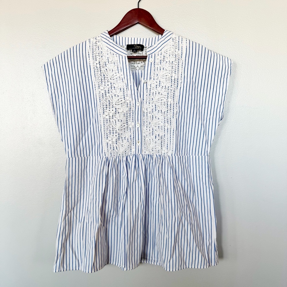 Suzanne Betro Blue & White Striped Sleeveless Blouse with Lace Bib - Small